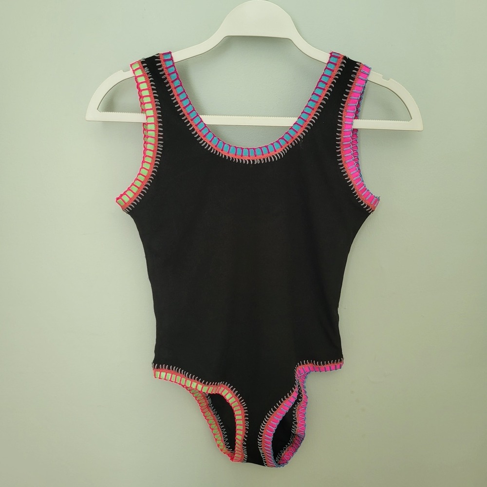 PQ Swim Girls 16 Black Crochet Trim one-piece Rainbow Embroidered Scoop Flawed